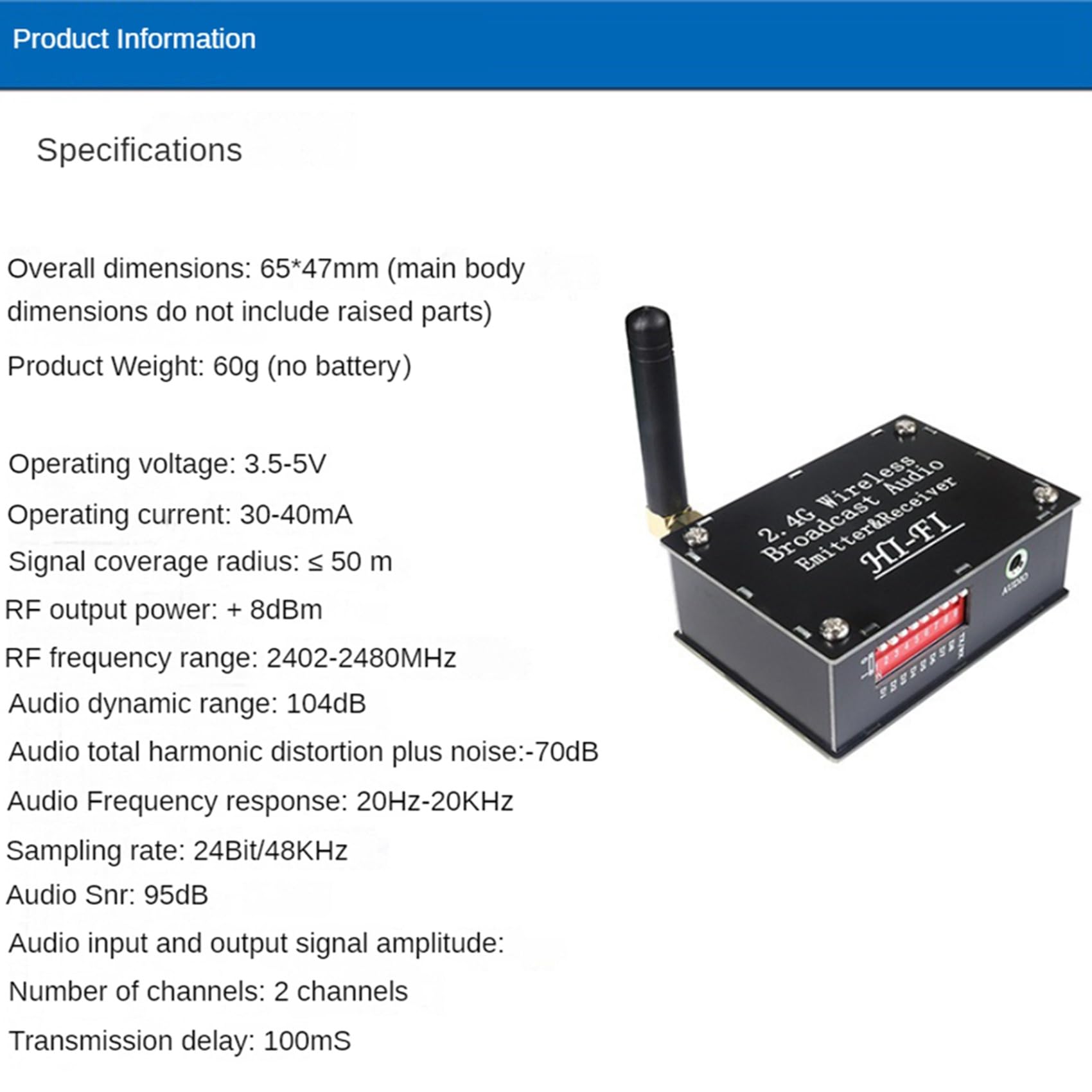 2 x 2,4 G HiFi Wireless Audio Transmission Transceiver obsługuje jeden nadajnik i wiele odbiorników dla dźwięku stereo