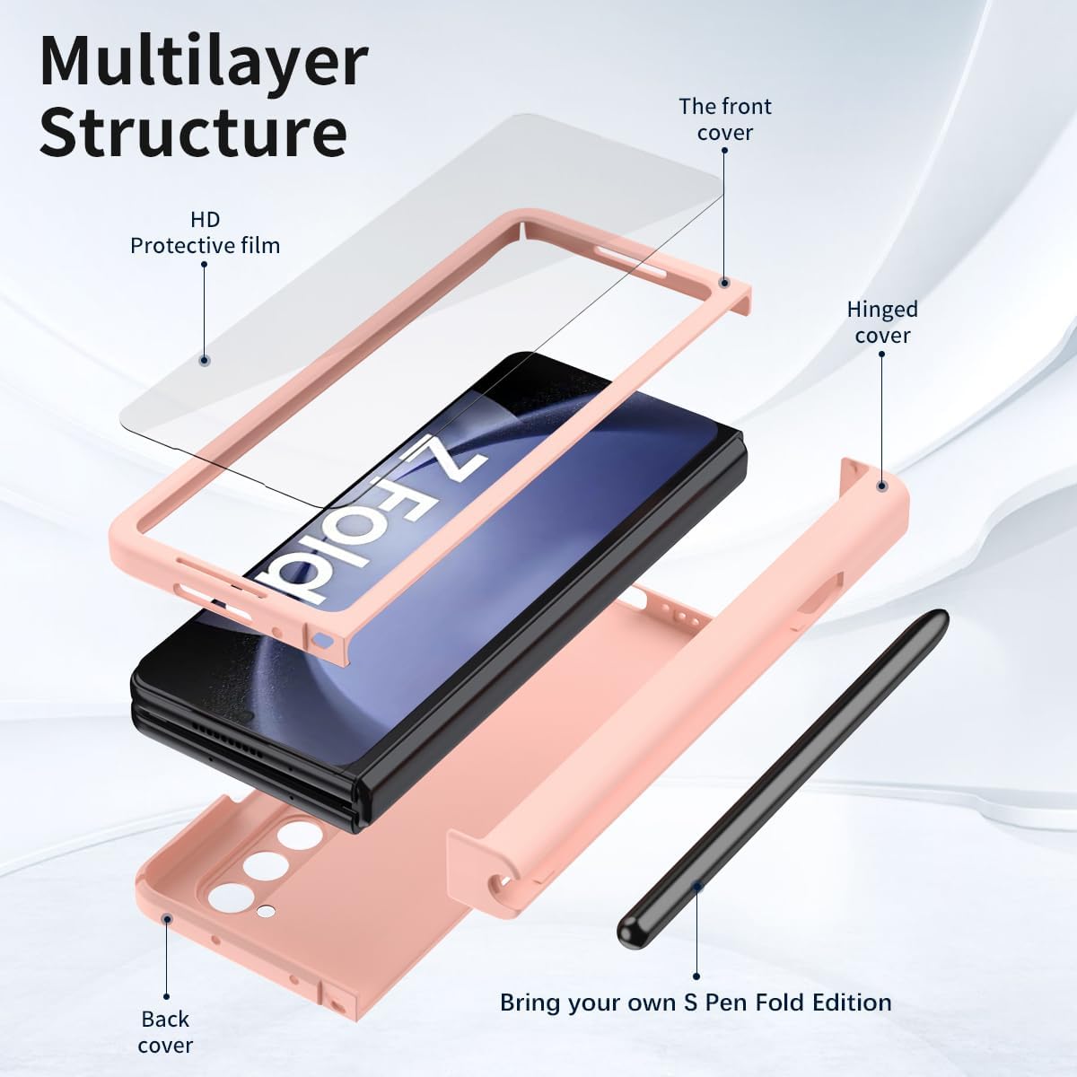 Compatible with Samsung Galaxy Z Fold 5 Case with Built-in Screen Protector & Hinge Protection,Shockproof Hinge Protective Case W Pen & Pen Holder Case for Z Fold 5 Phone Case(Pink)