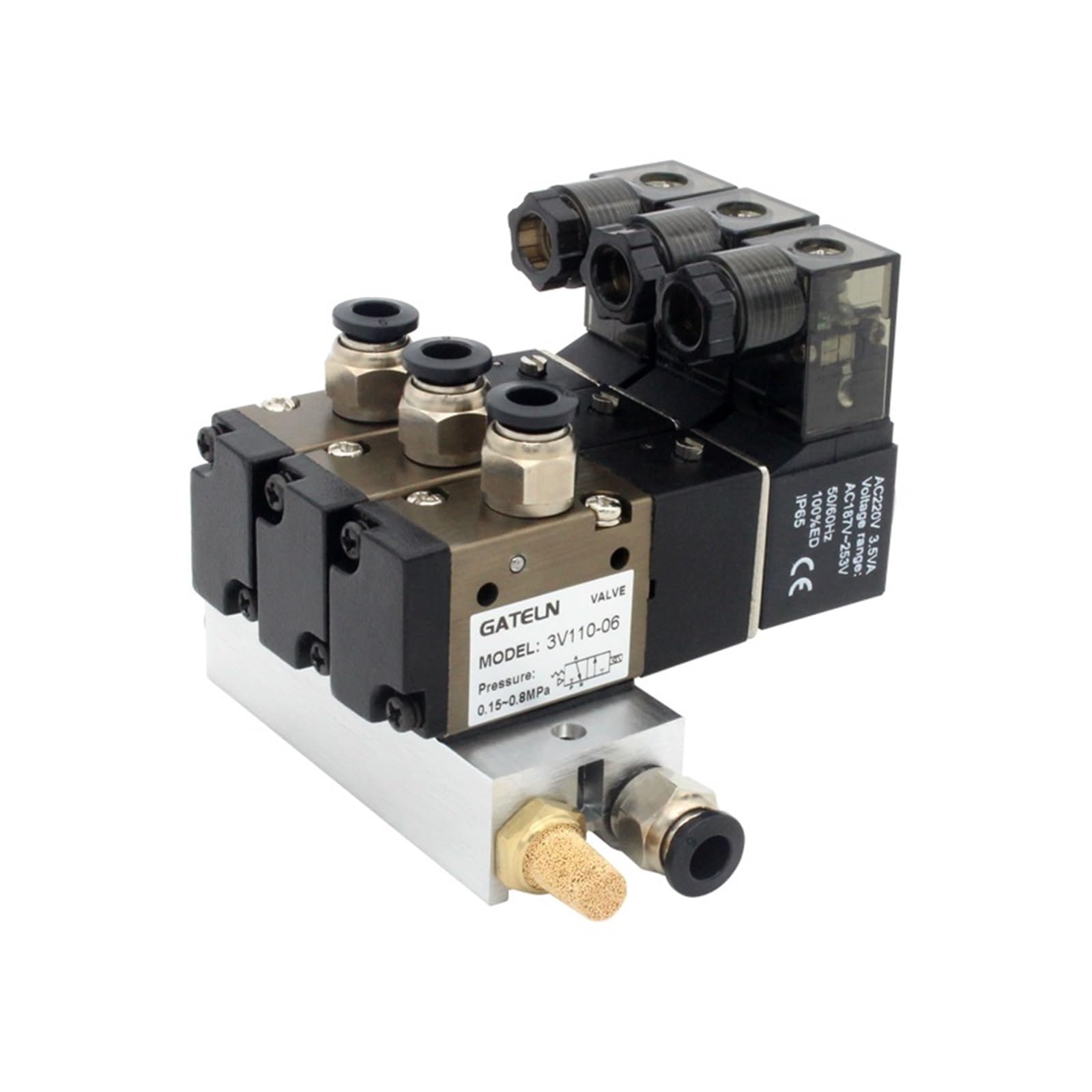 Bloque de estación de electroválvula 3V110-06-NO, Normalmente Abierto, con silenciador, Accesorios, colector Base, 12 V CC, 24 V CC, 110 V CA, 220 V CA, 3 Puertos(Ac110v 4mm Fittings)
