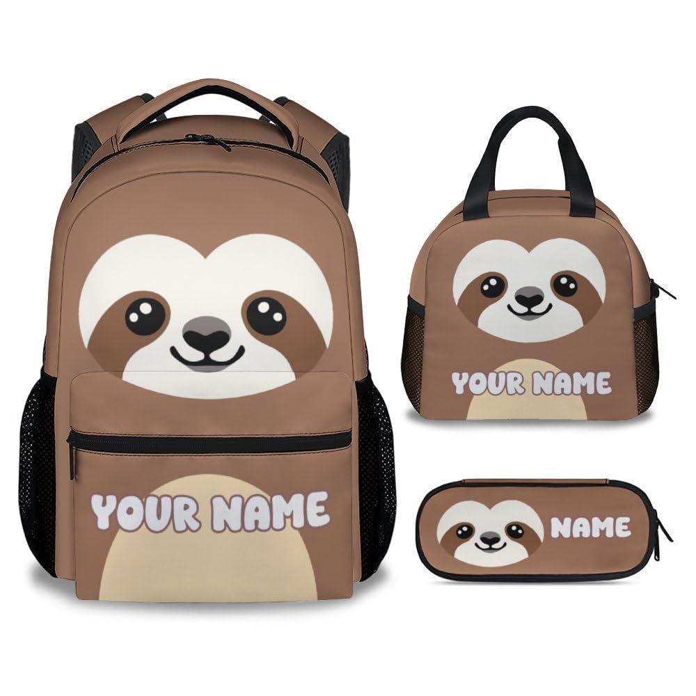 UNIKITTY Personalized Kids Backpacks for School, School Backpack with Lunch Box and Pencil Case, Sloth Backpack for Girls Boys, 17" Lightweight Large