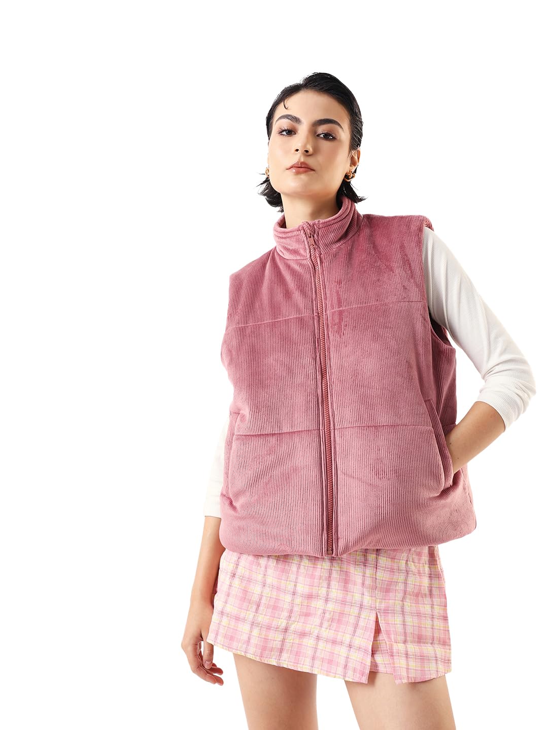 dl woman Solid Stand Collar Sleeveless Velvet Jacket-picture-53