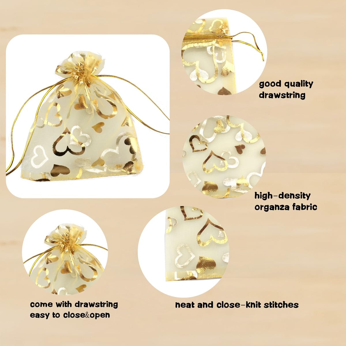 QIANHAILIZZ Lot De 100 Pochettes En Organza Avec Cordon De Serrage Pour Bijoux, Bonbons, Dragées De Mariage - 8,9 X 12,9 Cm (cœur Doré Doré