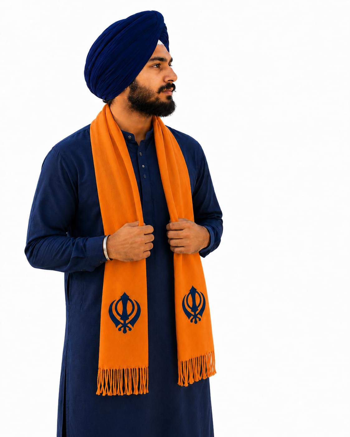 Sikh Orange Muffler with Khanda Print Warm Winter Wool Blend Scarf for Men & Women Religious Punjabi Muffler-image-9