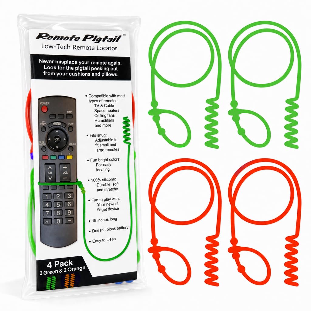 Remote Pigtail | Never Misplace Your Remote Again | Remote Tether | Lost Remote Solution | Fits Apple, Samsung, Sony, LG, Dyson and Other remotes | Silicone | 4-Pack (2 Green & 2 Orange)