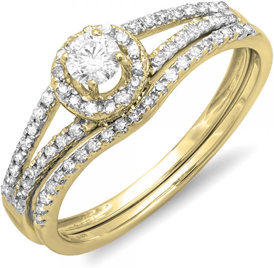 Dazzlingrock Collection 0.45 Cttw 10k Solid Gold Round Diamond Womens Bridal Halo Engagement Ring With Wedding Band Set