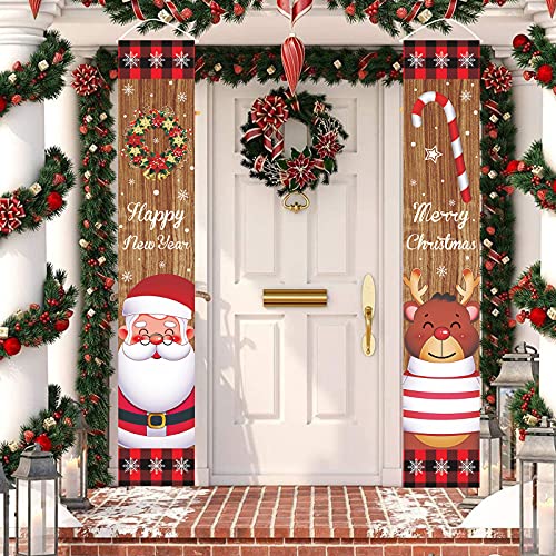 AOLOA Hölzern Weihnachten Banner Hängende Außen - Frohe Weihnachten & Frohes Neues Jahr Plaid Santa Claua Elk Hängende Banner WWeihnachten Dekorationen Couplet für Urlaub Wand Haustür Tür Cover