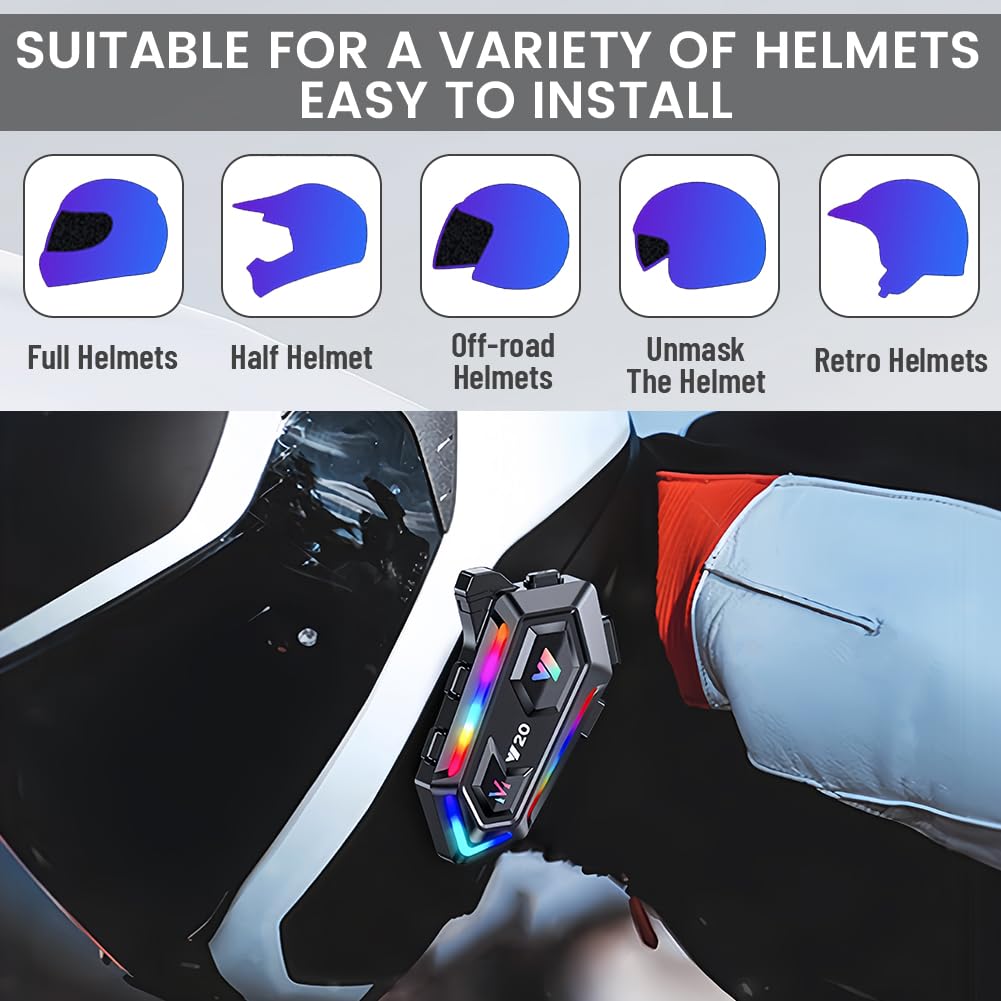 flintronic Casco Moto Auricolare, Y20 Cuffie per Caschi da Moto per Persona Singola Wireless 5.3 Impermeabile IPX6 Cancellazione, luci RGB abbaglianti, Per Pilota Singolo