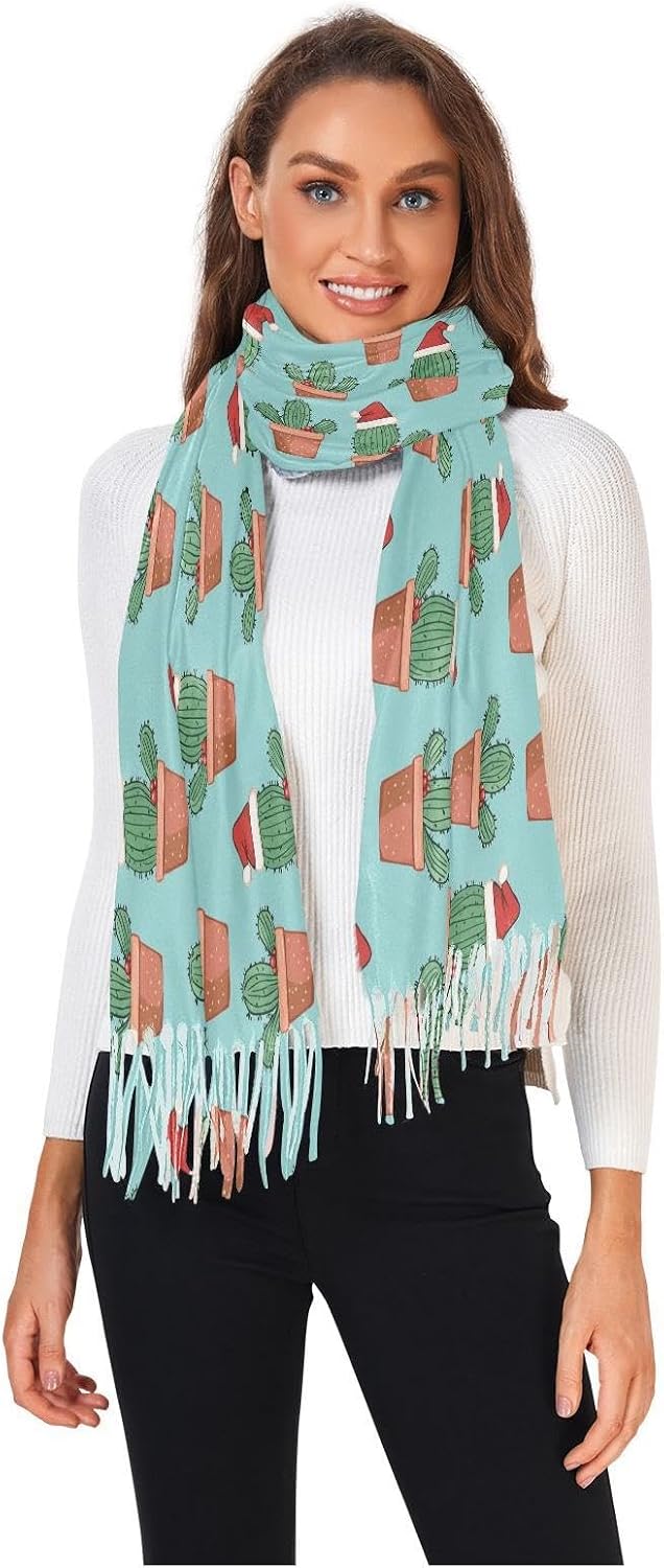 Winter Scarf for Women Christmas Cactus Potted Plant Fashion Tassel Shawl Wraps for Women, Cold Weather Warm Womens Scarves Soft Long Scarf Gifts