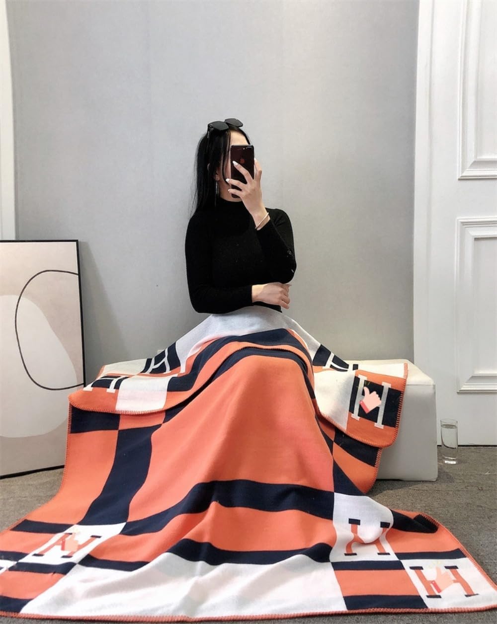 h Blanket Soft Fleece Sofa Throw Blanket for Women Couch Bed Plush Wool Stitch Flannel Cozy Large Comfy Quilt Aesthetic New Home Living Dorm Bedroom Decor Travel Essentials Gifts (Orange) - Image 4