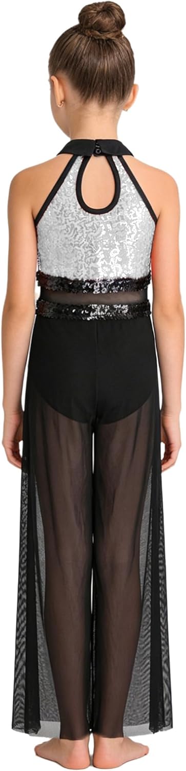 FEESHOW Girls Sequin Lyrical Dance Jumpsuit Sleeveless Color Block Mesh Overlay Jazz Cha Cha Dance Leotard for Performance