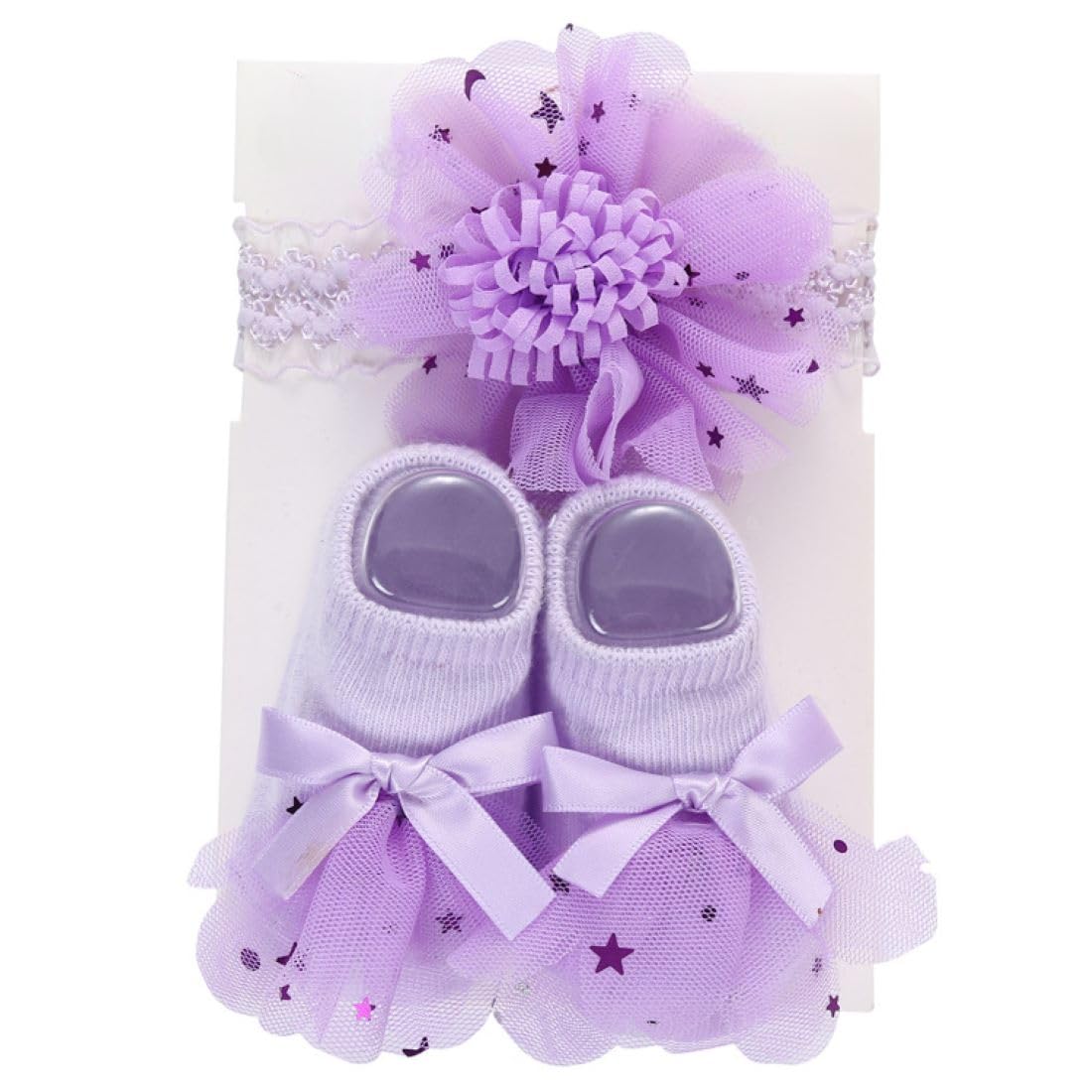 Baby Girls Cotton Baby Flower Hairband & Shoes Set Soft, Ankle Length Socks Comfortable Fit For Ages 0-6 Month-Old's Ideal For Newborns & Toddlers(Purple)