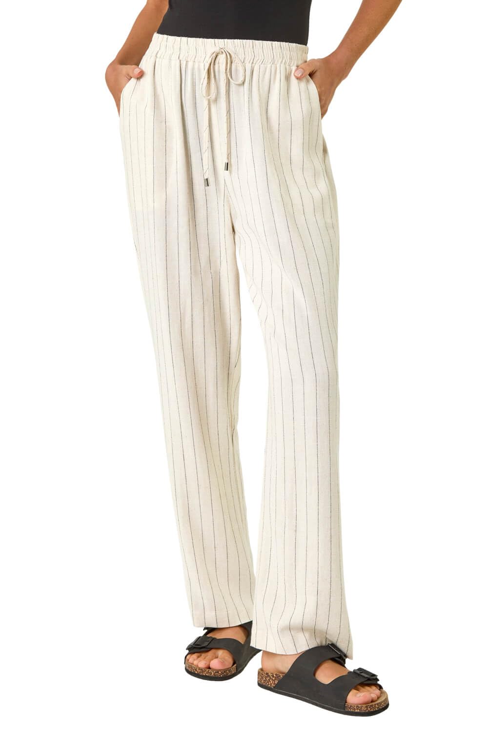 Roman Originals Women's Natural Roman Full Length Linen Trouser For Uk - Spring Everyday Summer Holiday Elasticated Waist Comfy Drawstring Soft Relaxed Fit Bottoms Day Out Pants - Size 20
