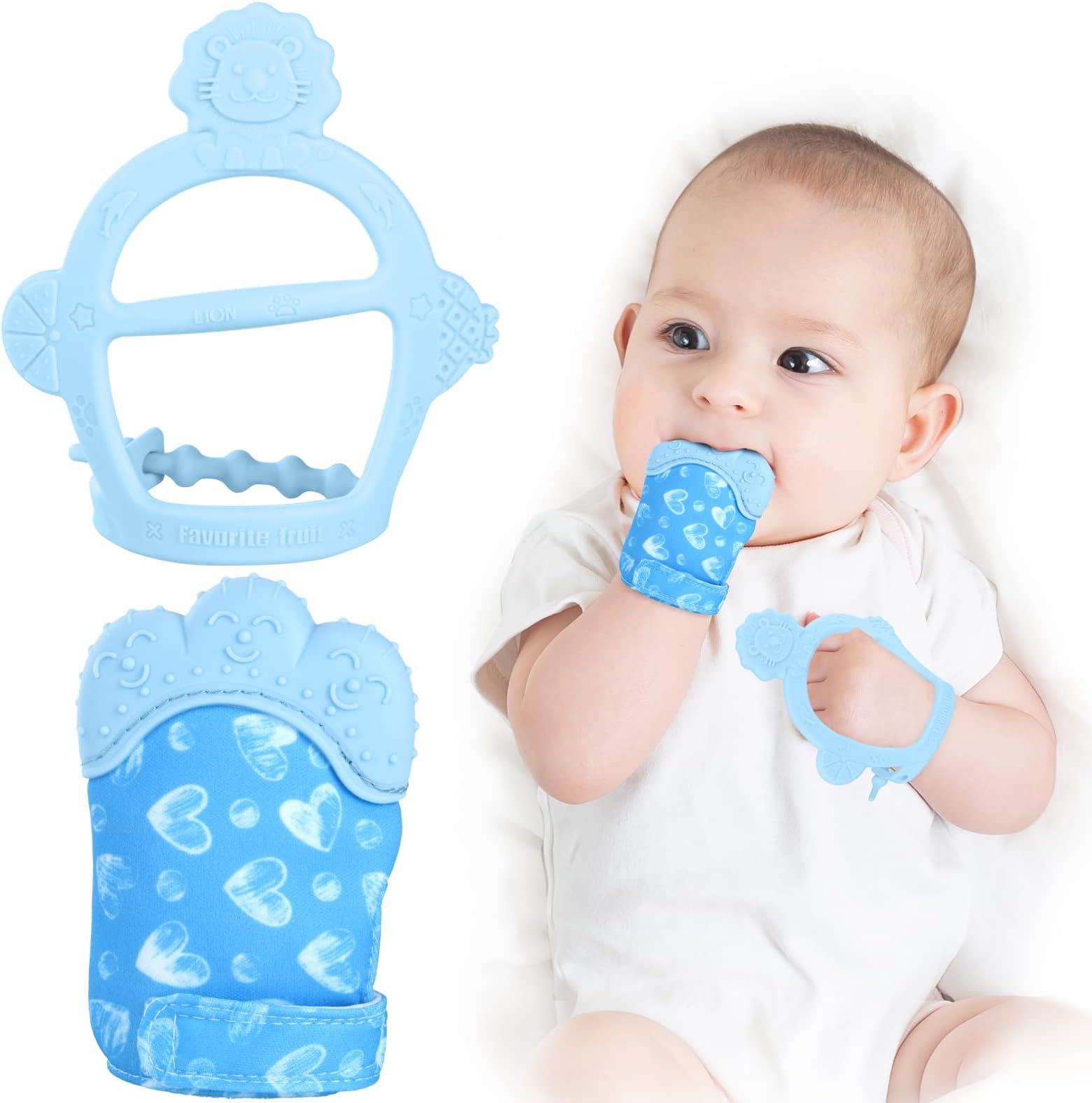 Vicloon Baby Teething Set, Teething Mittens for Baby, Includes Babies Chew Toy and Teethings Glove, Silicone Mitten Teether Glove,Infant Soothing Pain Relief Mitt Teether Mits for Babies (Blue)