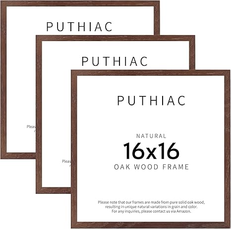 puthiac 16x16 Walnut Picture Frames for Wall - Minimalist 16x16 Oak Wood Frames, 16"x16" Picture Frame Wood, Natural Solid Wooden Picture Frames for Wall Art Photo and Prints (3 Pack, Walnut)