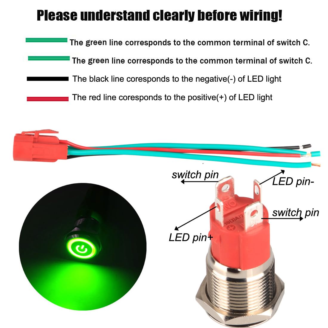 GUUZI 12V-24V/15A Zatrzaskowy Przełącznik Przyciskowy NO, Wodoodporny Zielony LED Oświetlony 16mm Metalowy Przycisk Uruchamiania Zasilania z Przewodem z Wtyczką Gniazda