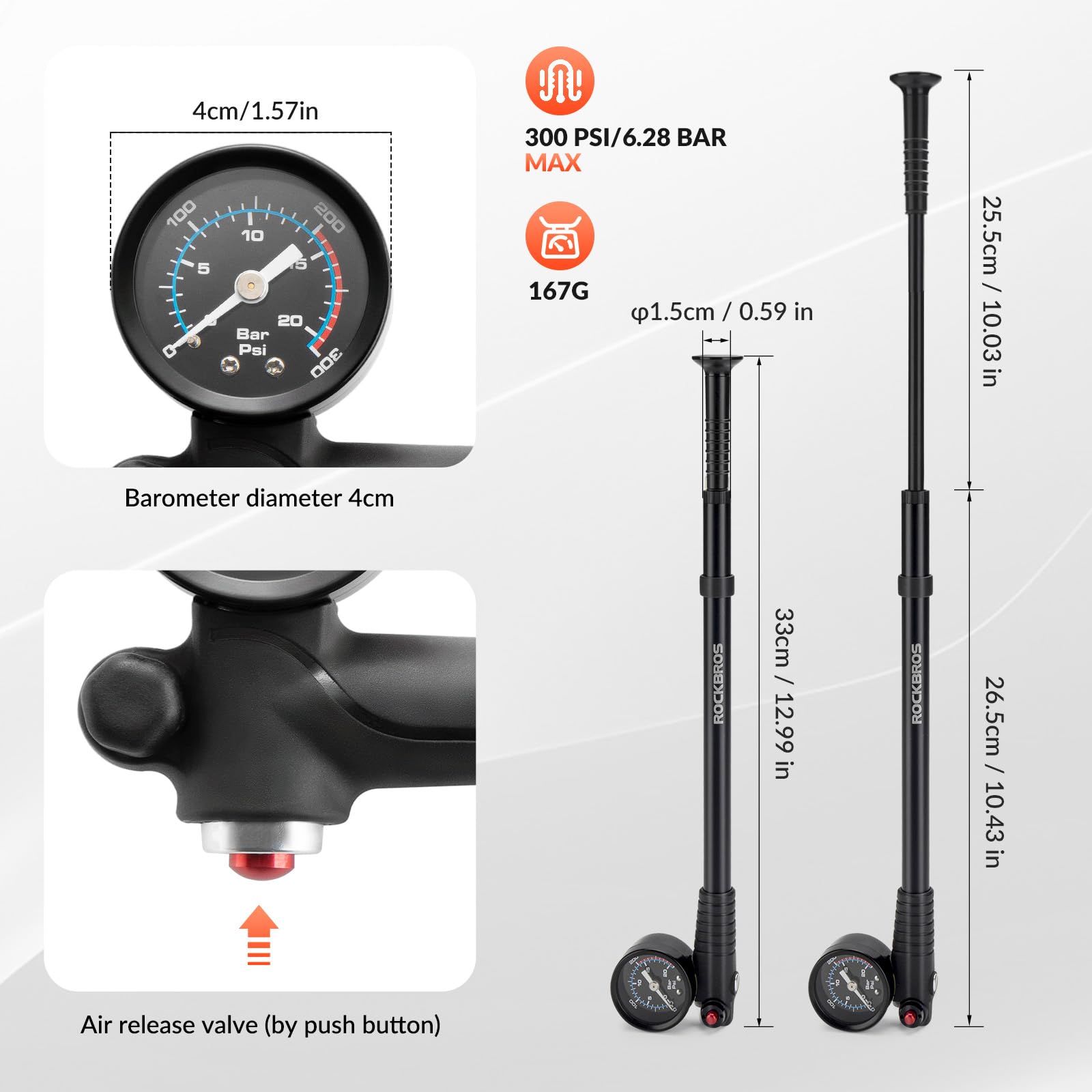 ROCKBROS Pompe à Vélo pour Fourche/Pneu/Suspension Arrière, Pompe Amortisseur VTT Portative avec Manomètre, Pompe d’Amortisseur Vélo Haute Pression 300 PSI pour Valve Presta Schrader VTT Vélo Route