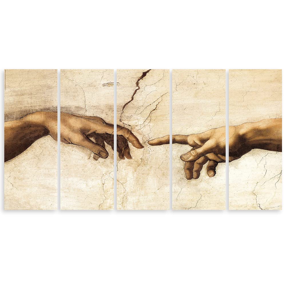 Feeby Cuadros en Lienzo 5 partes 100x40 cm Miguel Ángel Reproducción La Creación de Adán Arte Moderno Decoración De Pared Sala De Estar Manos Bóveda Capilla Sixtina Beige