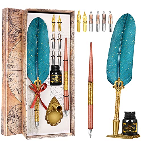 Dip Ink Pen Feather Set-Quill Pen Set Antique Calligraphy Dip Pen with Ink,Includes Quill Pen,wooden dip pen,6 Replacement Nibs, Pen Stand Base,15ml Ink,Vintage Signature Pen-GREEN