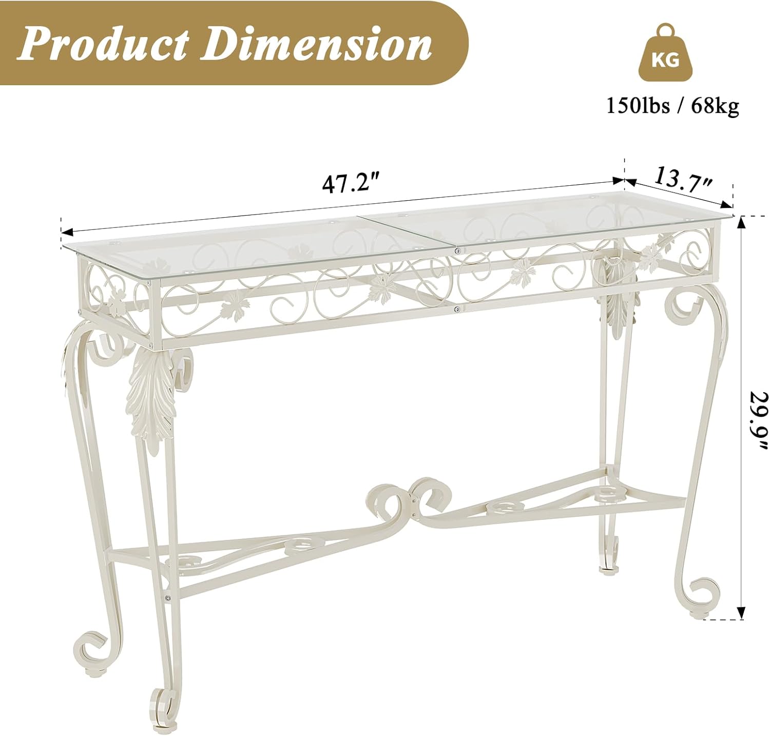 HavenlyYouth Console Table 47.2", Tempered Glass Sofa Table with Metal Frame, Console Tables for Living Room, Entryway, Hallway, Foyer, Adjustable Feet (White)