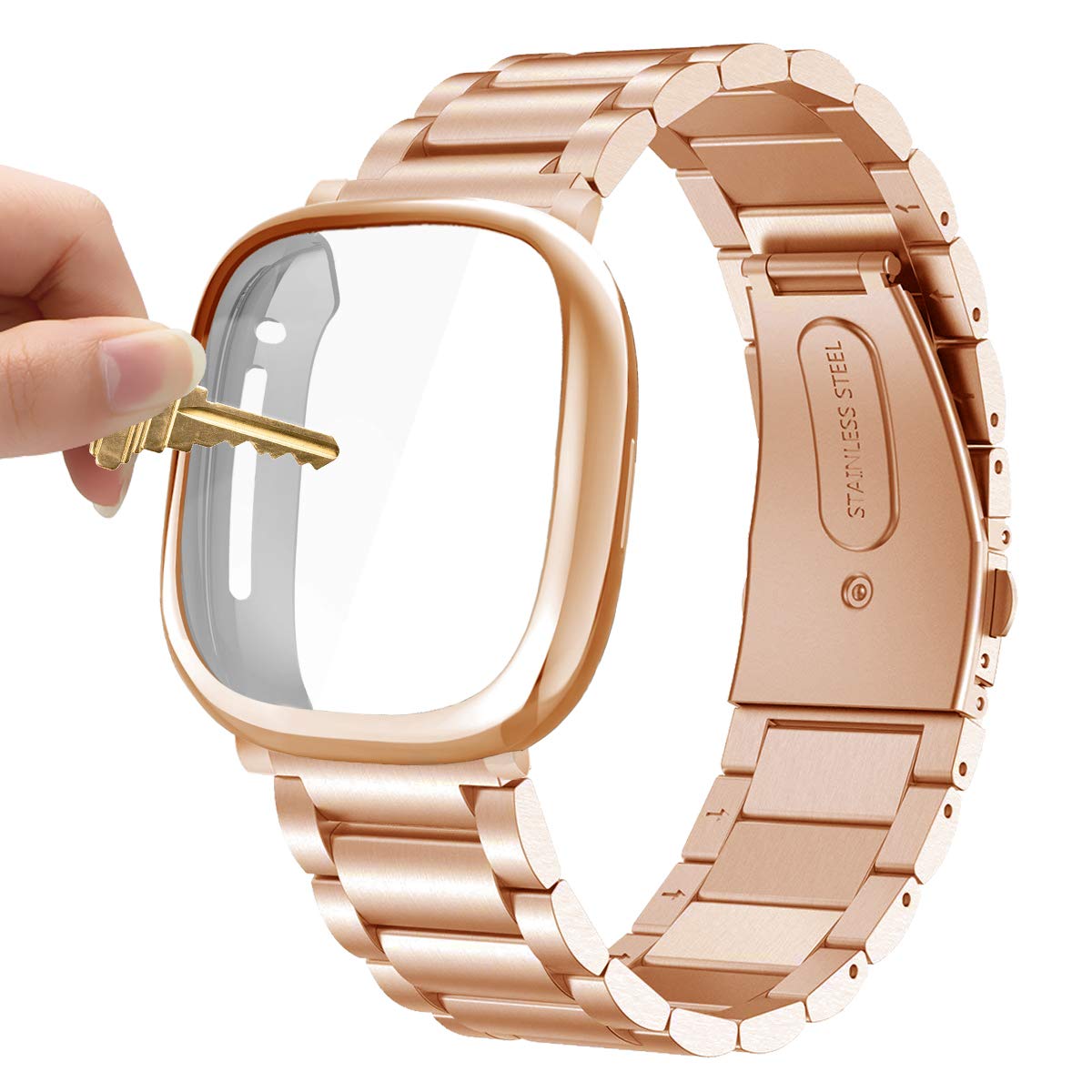 Maxjoy Compatible with Fitbit Sense/Versa 3 Bands, Versa3 Metal Band Large Stainless Steel Bracelet Wristband with Protective Case for Men Women Compatible with Fitbit Sense/Versa 3 Watch