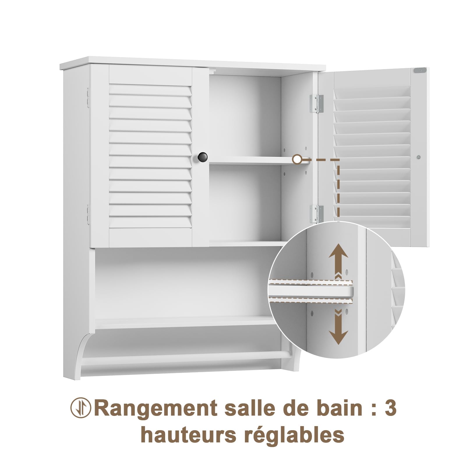 Meuble Salle de Bain Mural 2 Portes, Étagères Réglables avec Barre à Serviettes Blanc