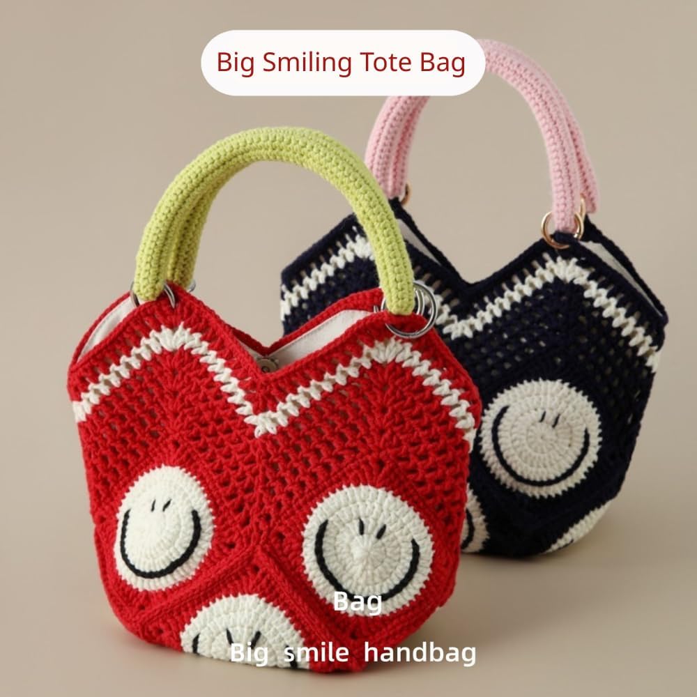 Crochet Bohemian Style Tote Bag Jacquard Wool Knit Shoulder Beach Handbag for Women With Big Smiling Face
