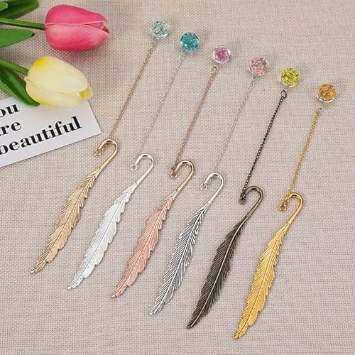 6 Pack Metal Feather Bookmark Charming Beaded Pendant With Dried Flower Specimens Inside Book Marker For Women #TOP1