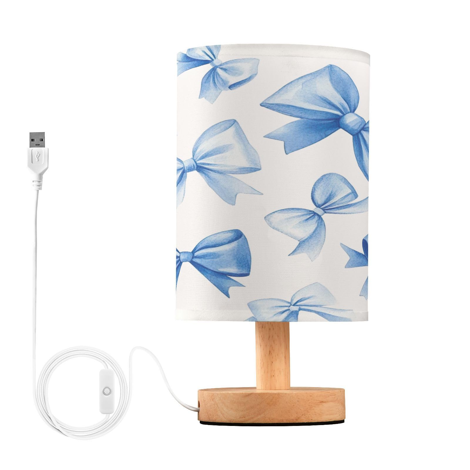 SKYSHU Blue Bow Bedside Table Lamp, Small LED Desk Light USB Nightstand Lamp with Non Slip Wood Base & Eye-Friendily Lampshade for Living Room Bedroom Dorm Home Office Desk Decor
