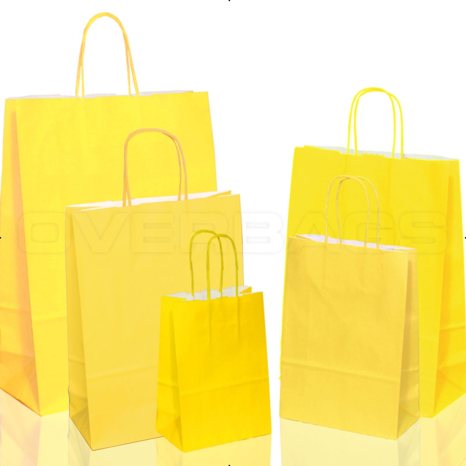 OVERBAGS - Borse shopper sacchetti di carta manico cordino colore giallo - Dimensione cm 15x8x20, Confezione pz 50
