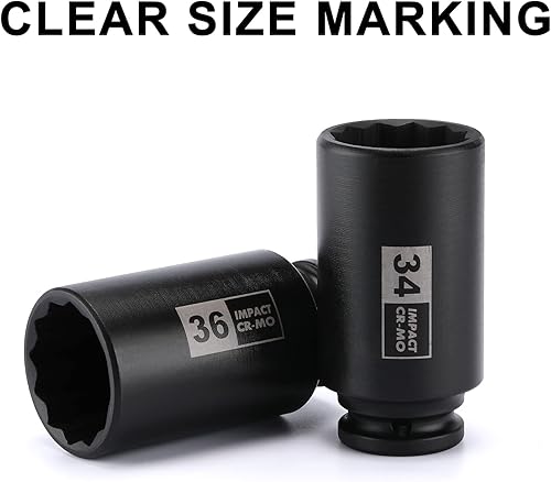 Miniatura 4 de Mayouko Juego de 4 llaves de impacto de tuerca de eje profundo de 12 pulgada, CR-MO, diseño de 12 puntos, métrico, 30,32,34,36 in, enchufe de