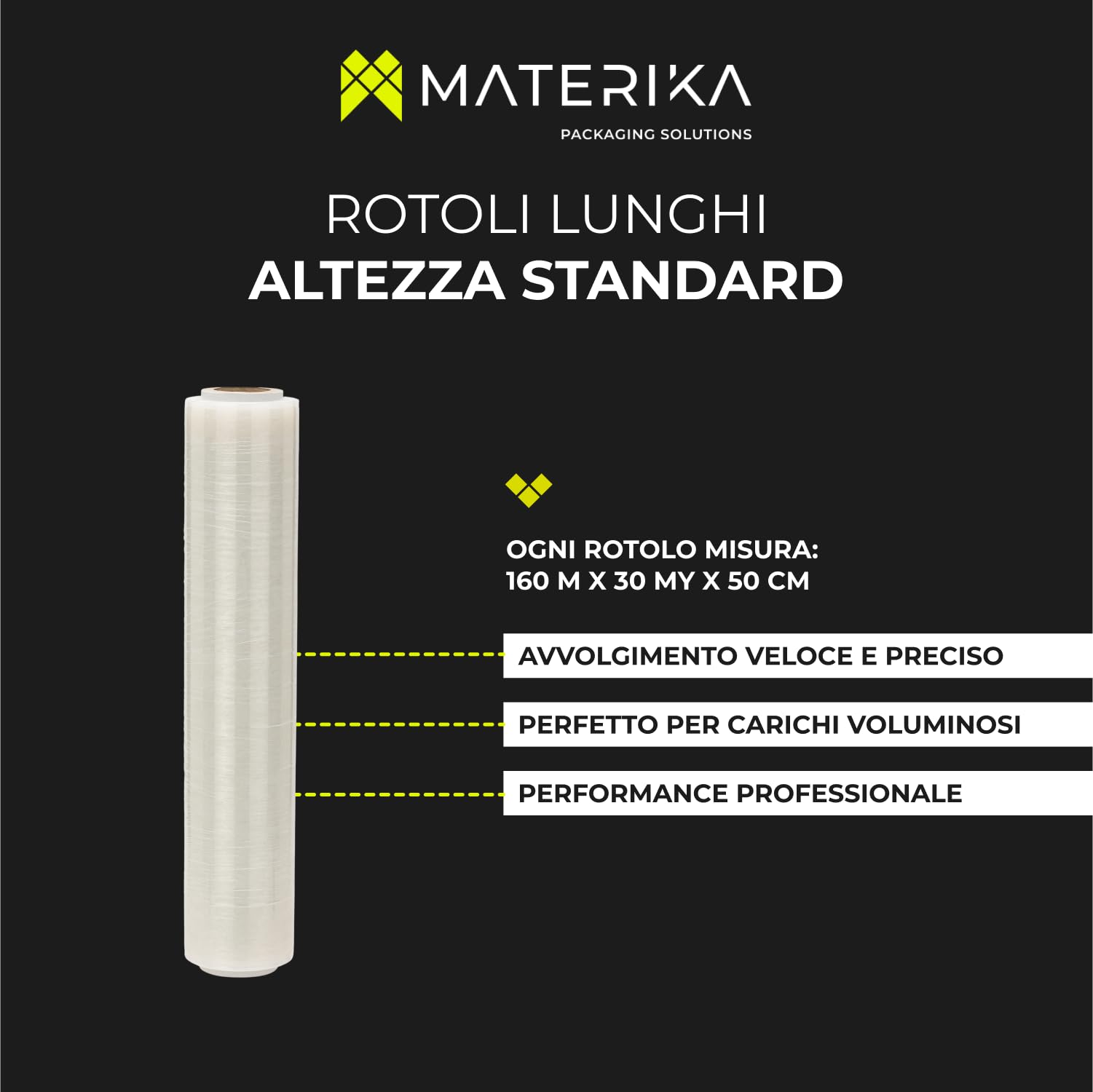 MATERIKA – Film Estensibile Trasparente per Imballaggio, Traslochi e Spedizioni – 6 Rotoli da 160 m x 30 µ x 50 cm – Alta Aderenza e Resistenza, per Pallet, Scatole e Merci