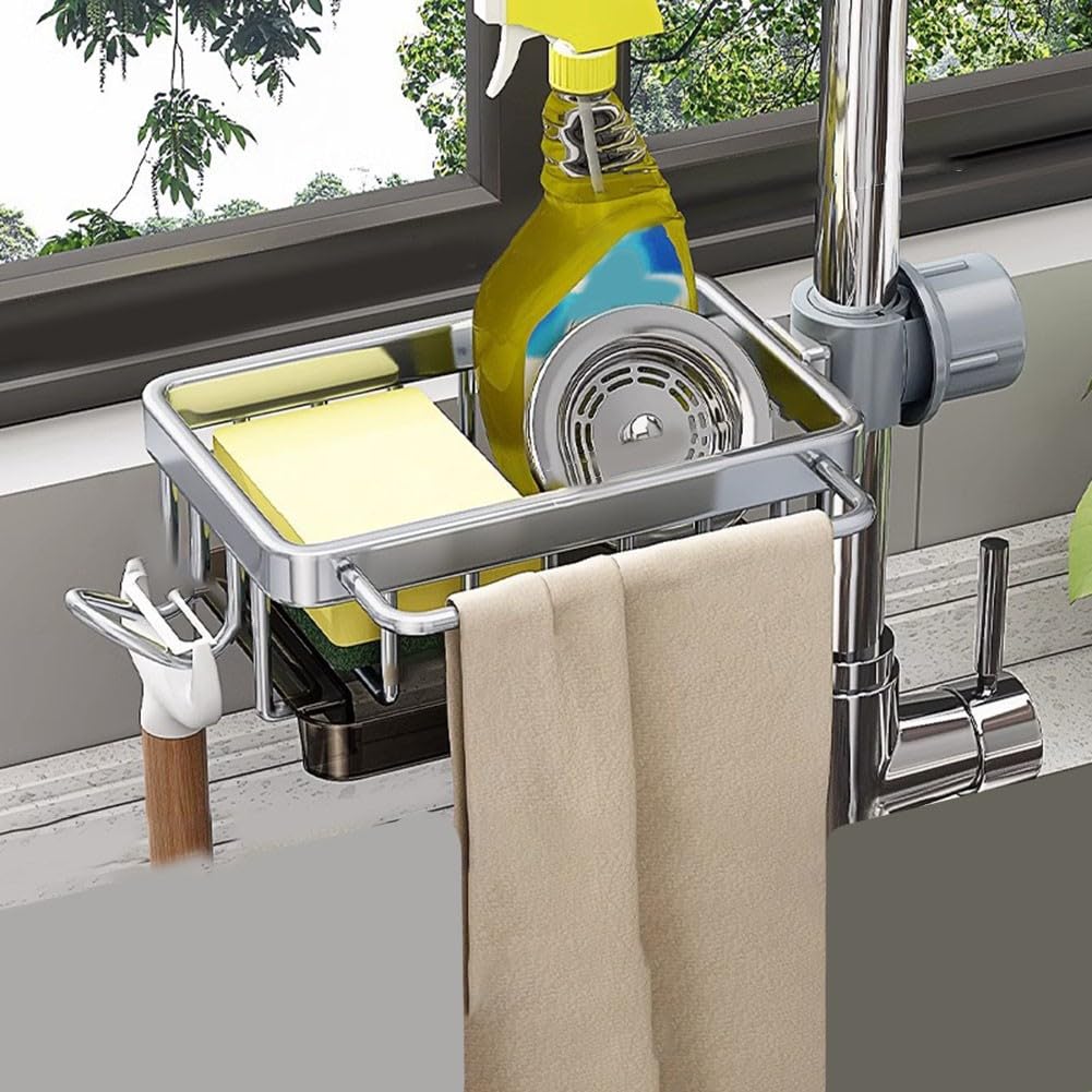 LMYSXAOZ No Drill Kitchen Sink Organizer Tap Storage Rack Multi-Functional Sponge Dishcloth Towel Holder Space Saving Shelf Black Grey Silver