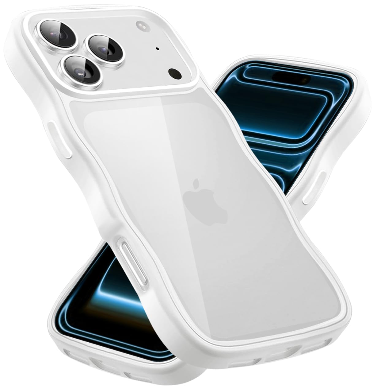 iPhone 17 Pro 用 ケース クリア かわいい 波状フレーム うねうね 耐衝撃 アイフォン 17 Pro 用 スマホケース 滑り止め 人気 可愛い カバー 落下防止 ワイヤレス充電対応(ホワイト)