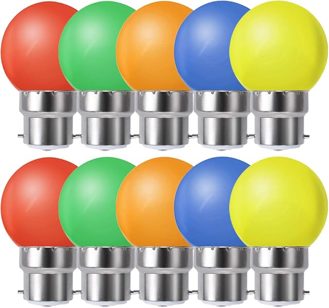 Suncan B22 1W Coloured LED Light Bulbs, Bayonet G45 Mini Globe Bulb,Red Yellow Blue Green Orange for Outdoor Indoor String, Christmas, Tree, Fairy Party Night Lights ,Pack of 10