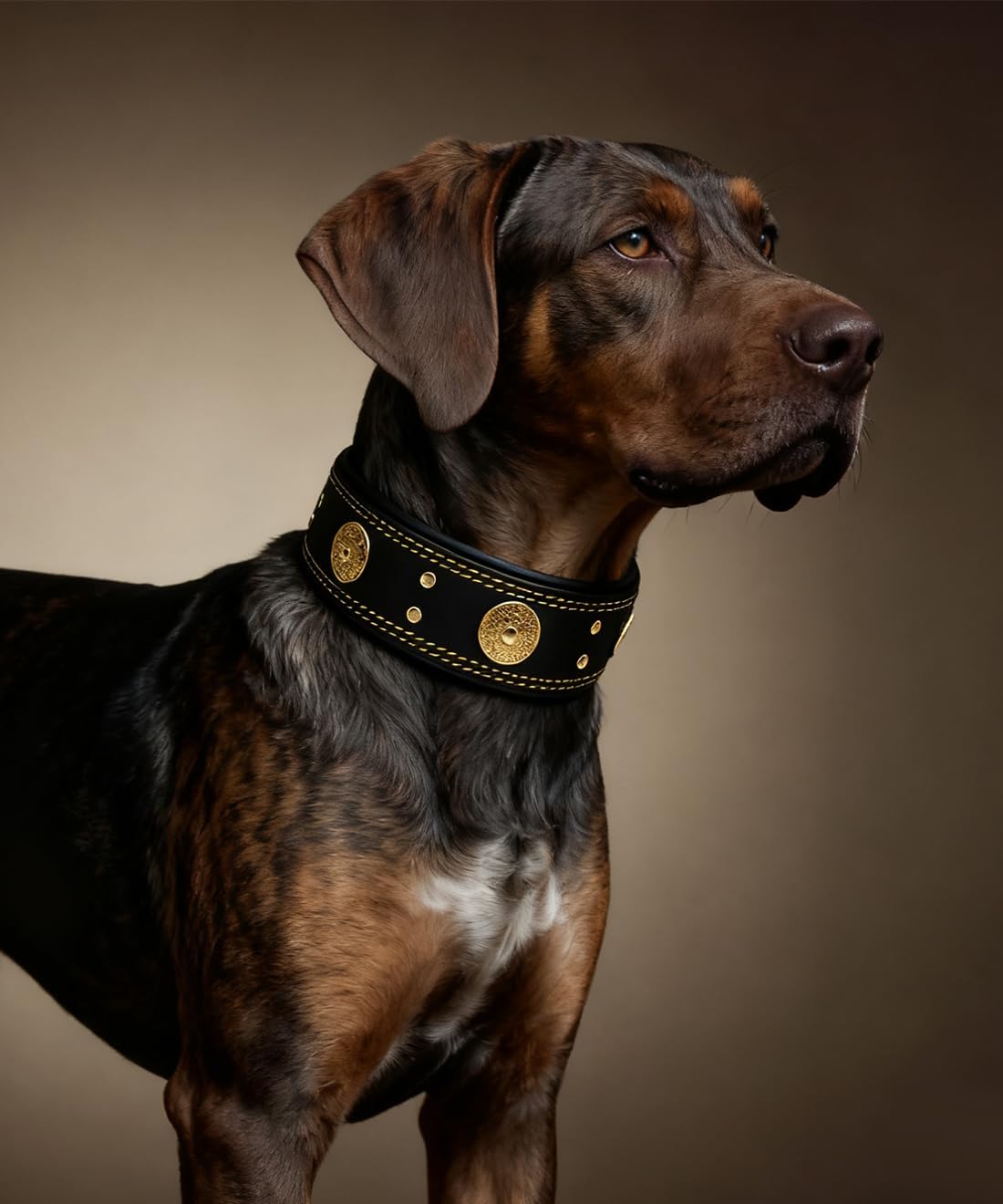 Leather Dog Collar, 2 inches Wide Heavy Duty Genuine Leather Collars, Handmade, Soft, and Luxury, Eye-catching Best Choice for Large and Medium Breed Dogs, Black-Gold 21-25 inches