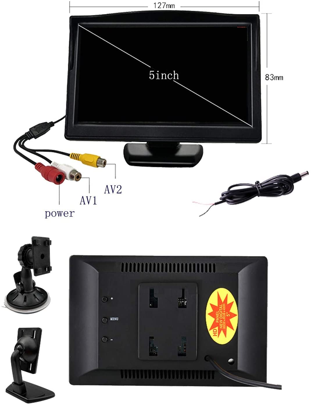 Écran TFT LCD de 5 pouces pour voiture avec 2 supports en option (support d'aspiration et support adhésif normal)