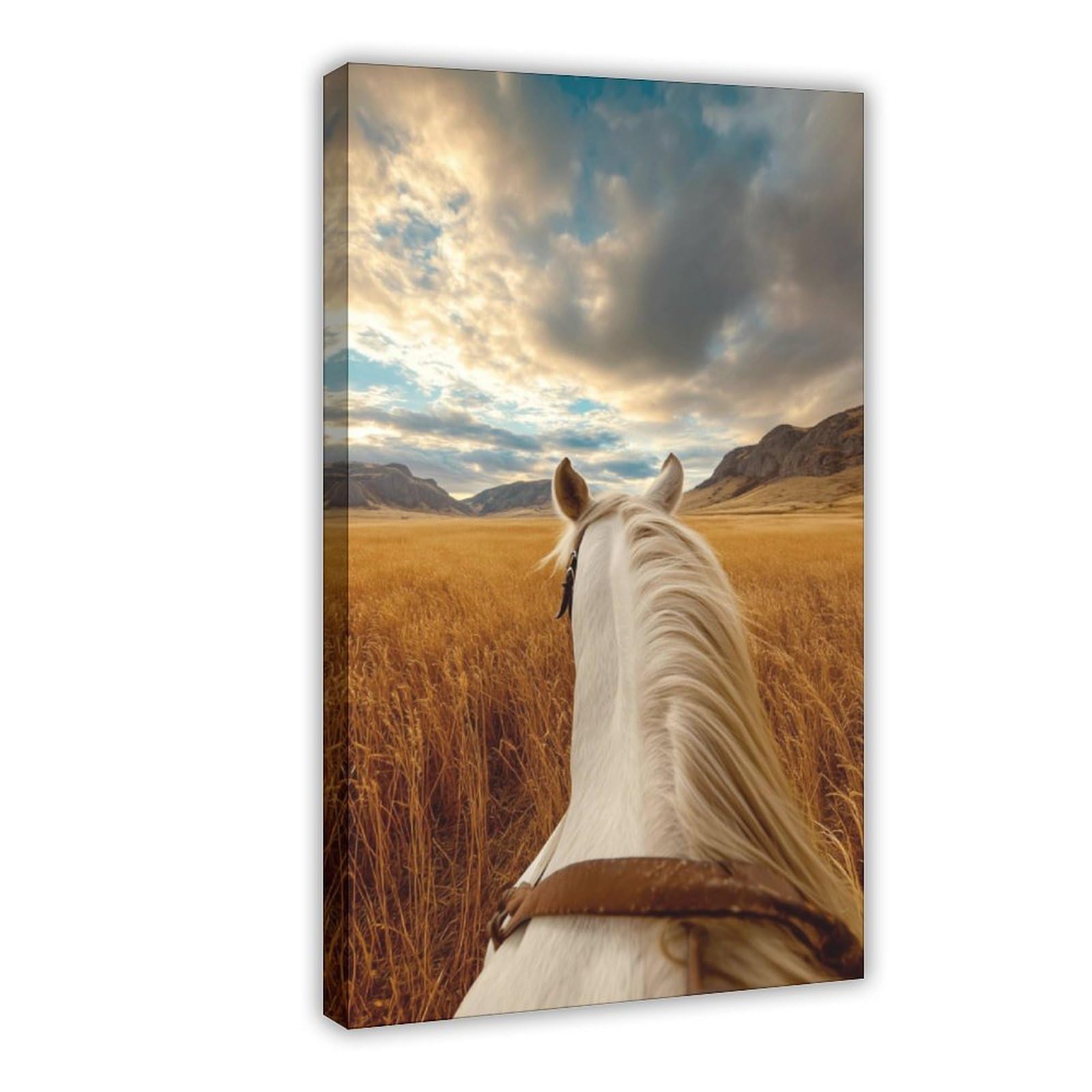 Qnvjqkdsi Frame White Horse Ride, Golden Wheat Field Scenic Mountain Landscape Art Canvas Poster Bedroom Decor Landscape Office Room Decor Gift 24" L X 36" W
