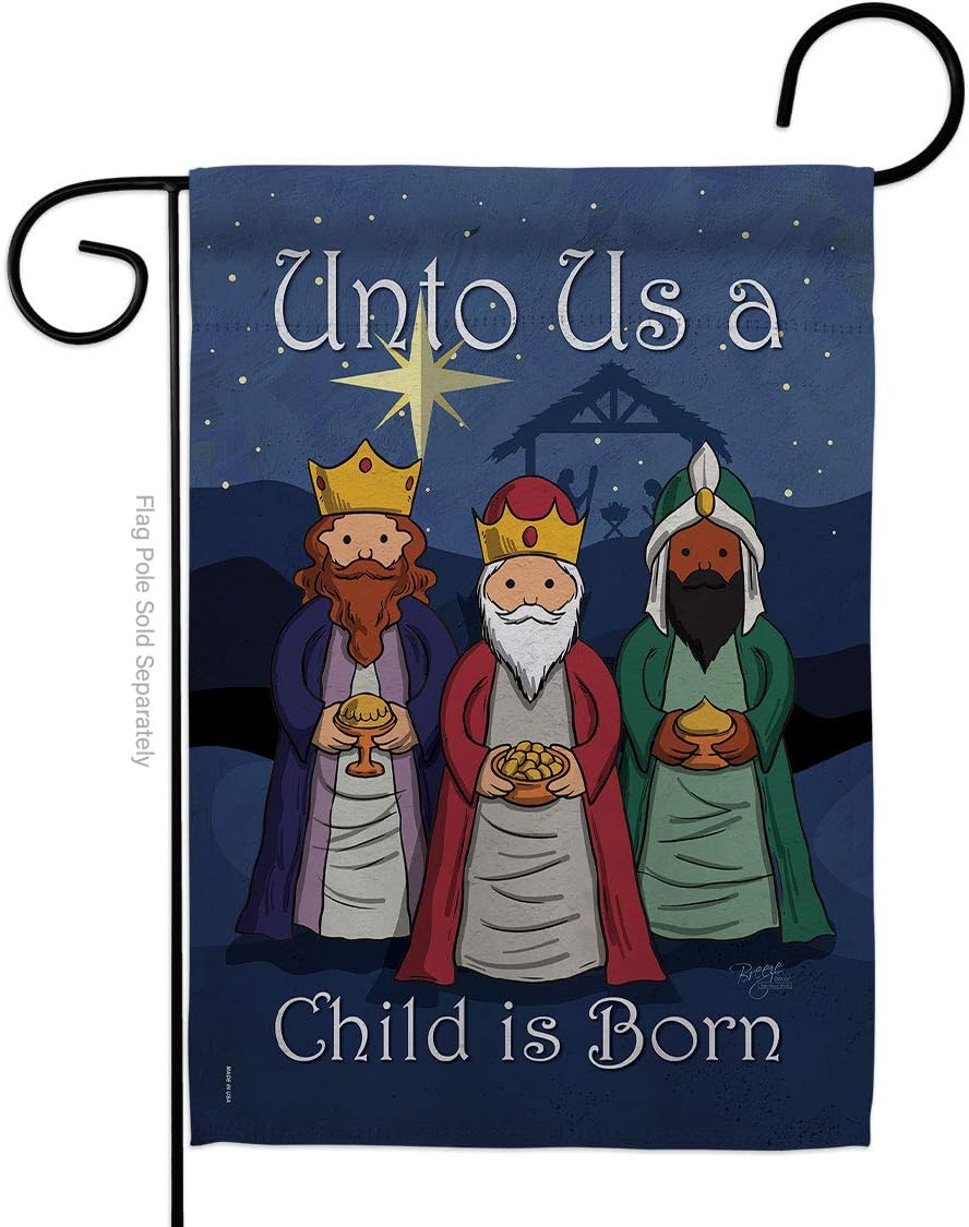 Child is Born Burlap Garden Flag Wintertime Three Kings Wise Men Star Baby JesusSeason Christian Small Decorative Gift Yard House Banner Double-Sided Made In USA 13 X 18.5