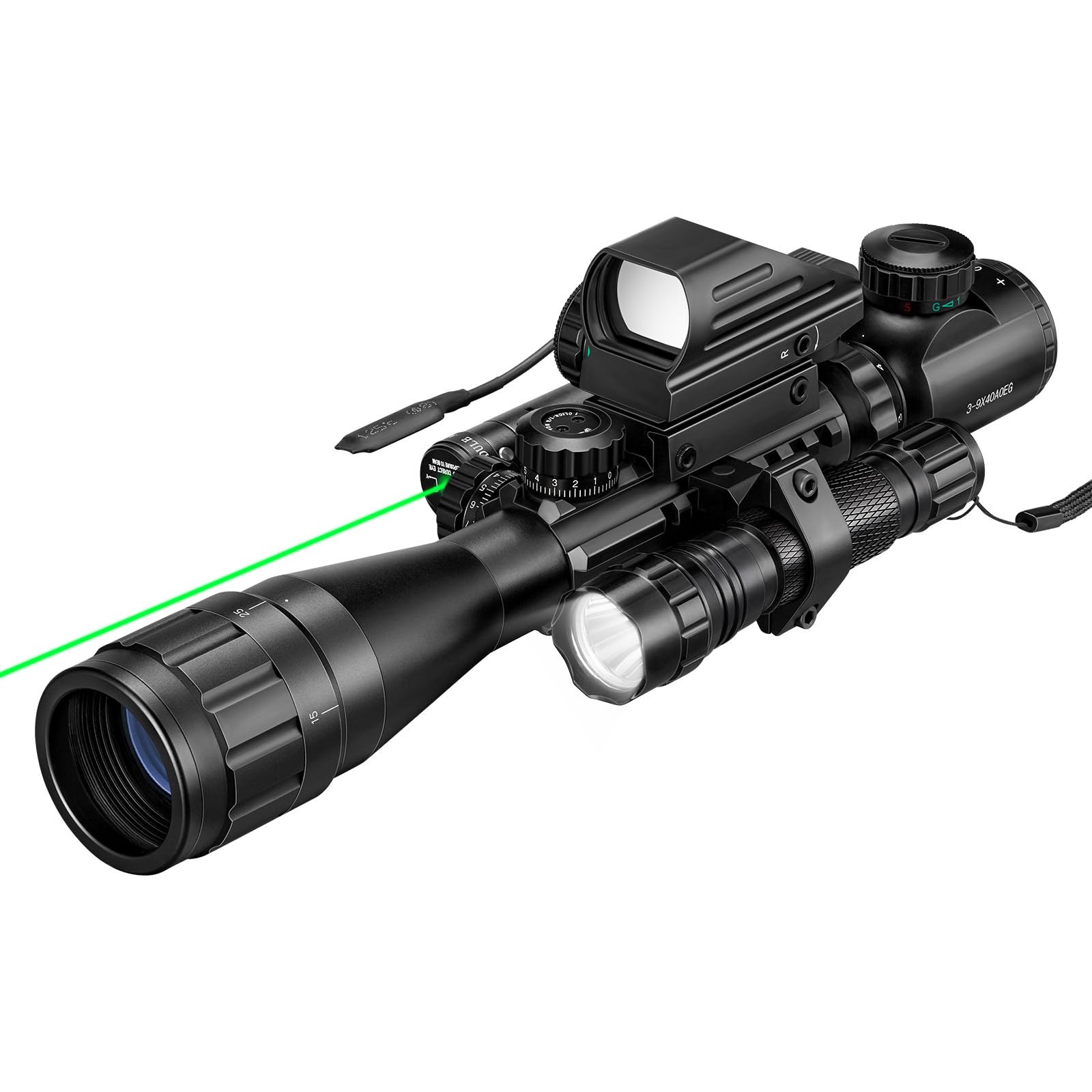 MidTen 3-9x40 AO Rangefinder Reflex Scope 6 in 1 Combo with Dual Illuminated Scope Optics & 4 Holographic Reticle Red/Green Dot Sight & IIIA/2MW Green Laser Sight & Pressure Remote Switch & 20mm Mount