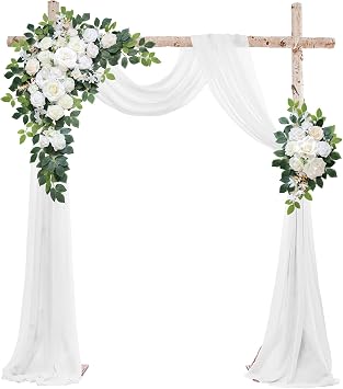 Odouzy Wedding Arch Flowers Kit,Artificial Flower Arch Decor Set of 3,2pcs Artificial Flower Arrangement with 1pc Sheer Drape for Wedding Decor Reception Backdrop Floral Decorations Ivory White