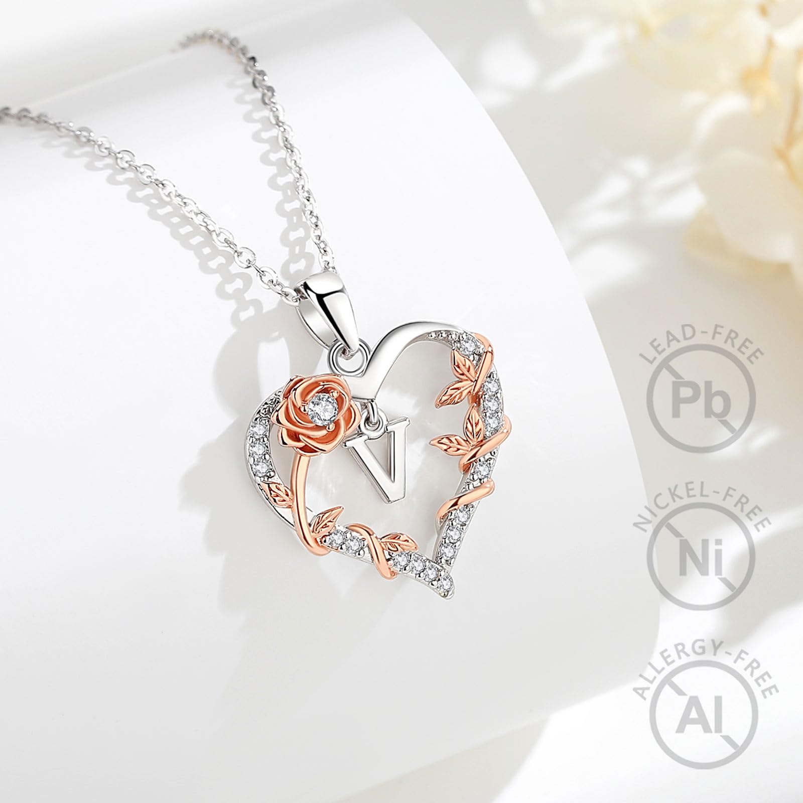 EUDORA Harmony Ball Collana con iniziali a Cuore Rosa per Donne, Lettera dalla A alla Z Collane con Iniziali dell'Alfabeto in Rame Placcato in Rodio Iniziali con Ciondolo Regali di Gioielli, 18"