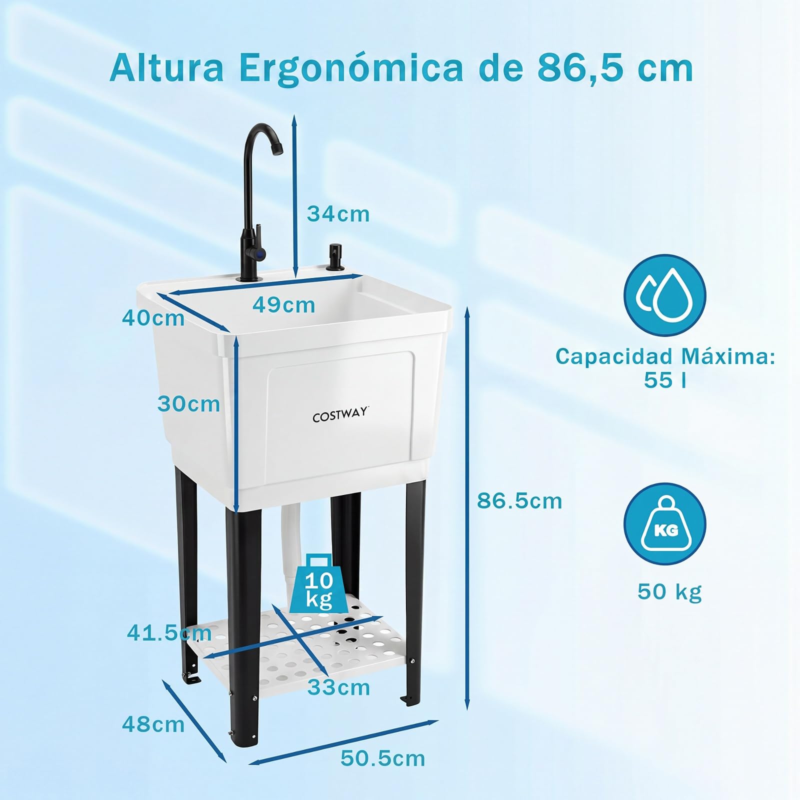 COSTWAY Fregadero Utilitario de Plástico, Fregadero Portatil con Patas Metálicas, Grifo Giratorio 360°, Dispensador de Jabón, Jabonera y Estante, Pila de Lavar para Cocina Lavandería Garaje Jardín