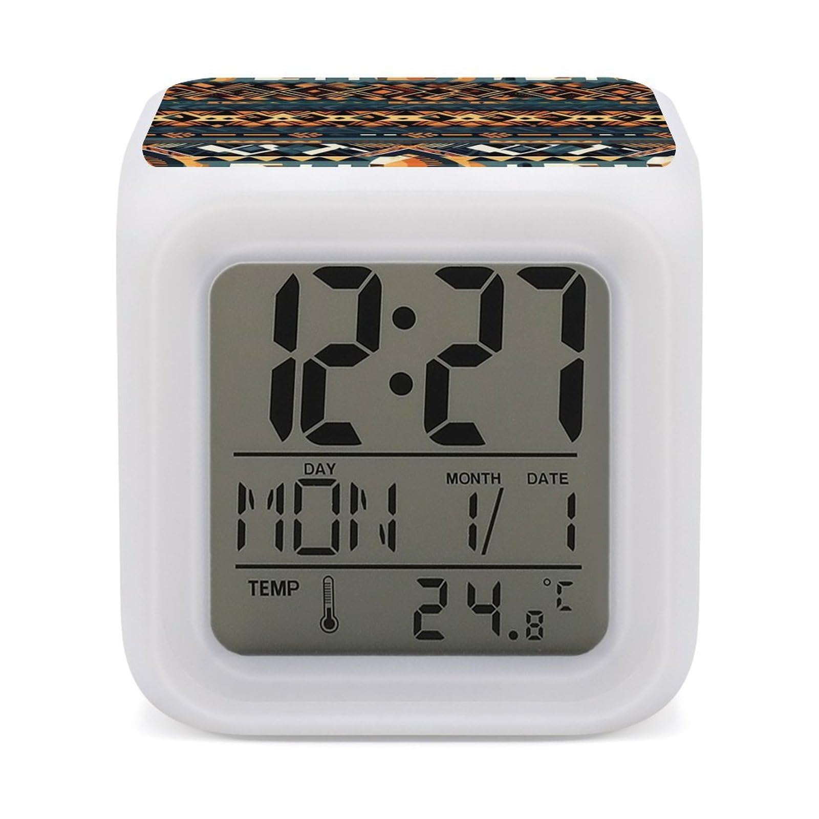 DWVTSLH African Tribal Ethnic Texture Alarm Clock with 7 Color Changing Night Light, Wake Up Digital Clock for Bedroom, Bedside Cube Clock with Date, Temperature, Battery Operated Desk Clock Gift
