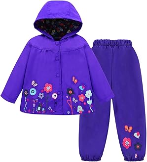 LZH Baby Girls Raincoat Suit Waterproof Hooded Coat Jacket & Trousers 2Pcs Outwear Clothes Set