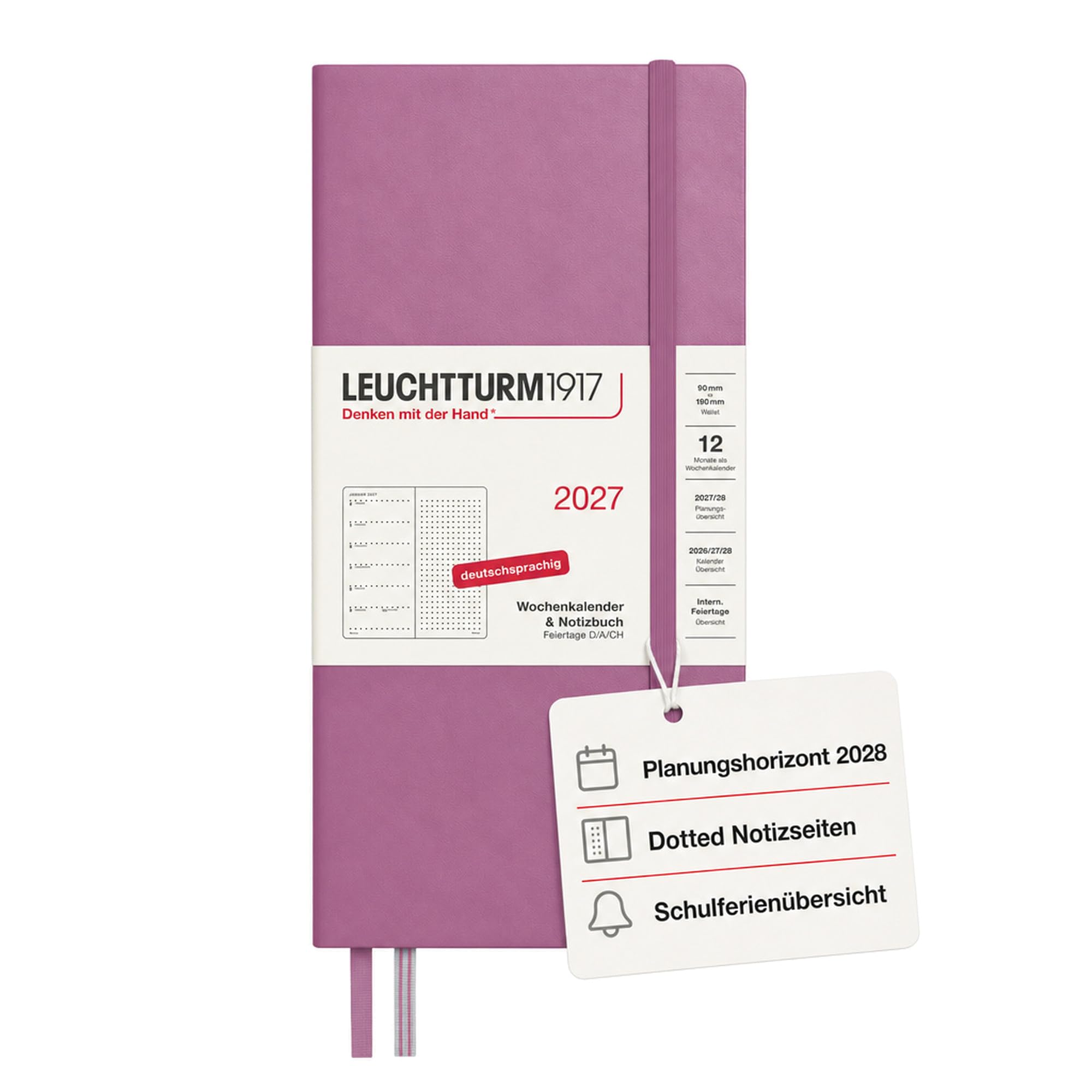 LEUCHTTURM1917 Weekly Calendar 2027 Dotted Wallet (B6+ x A6) with Notebook - Diary German, Dusty Rose, January-December 2027, Week to View Left + Note Page Right