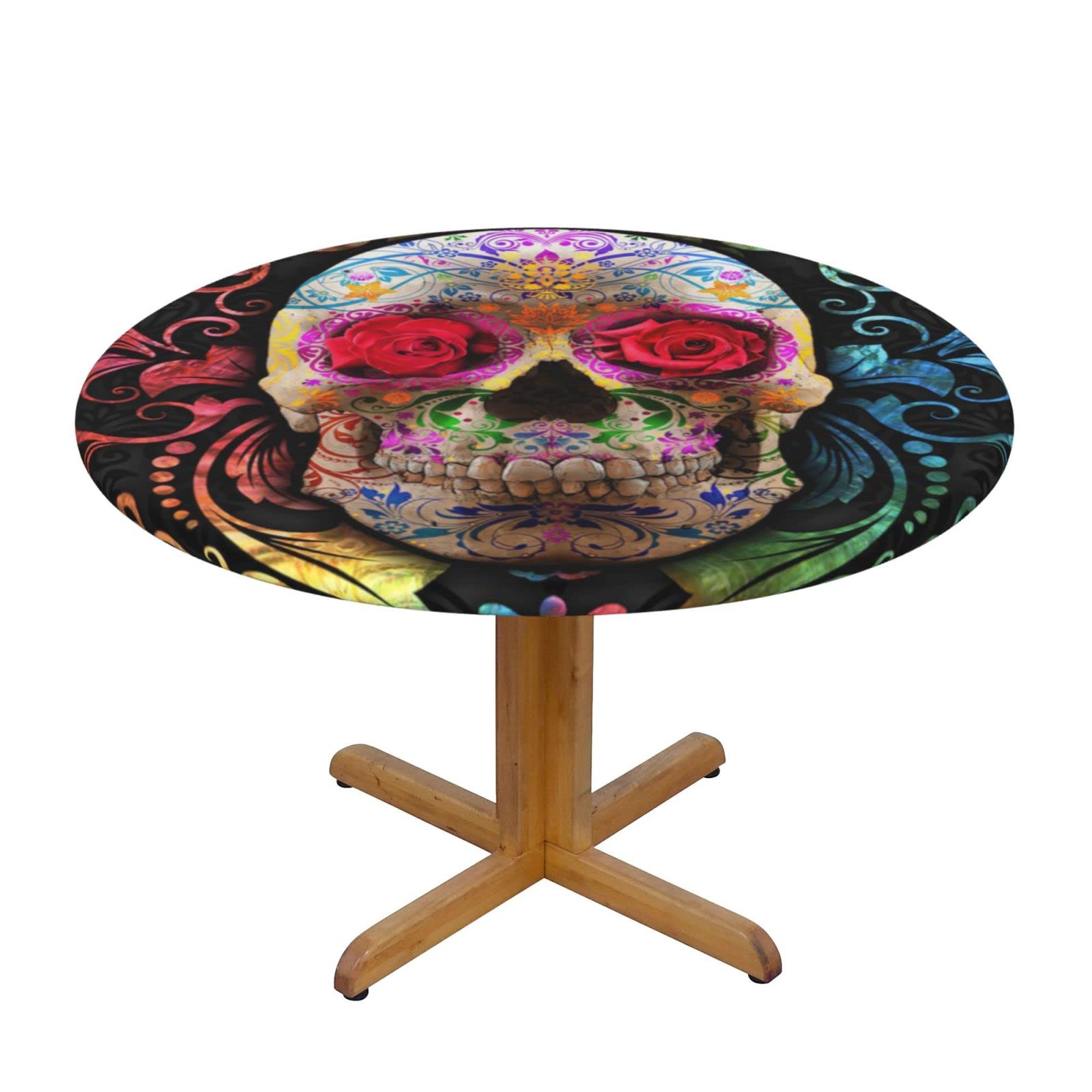 Lsjuee Round Fitted Tablecloth 40-44in Elastic Edged Table Cloth for Kitchen Dining Party Home Decor - Colorful Floral Skull Death