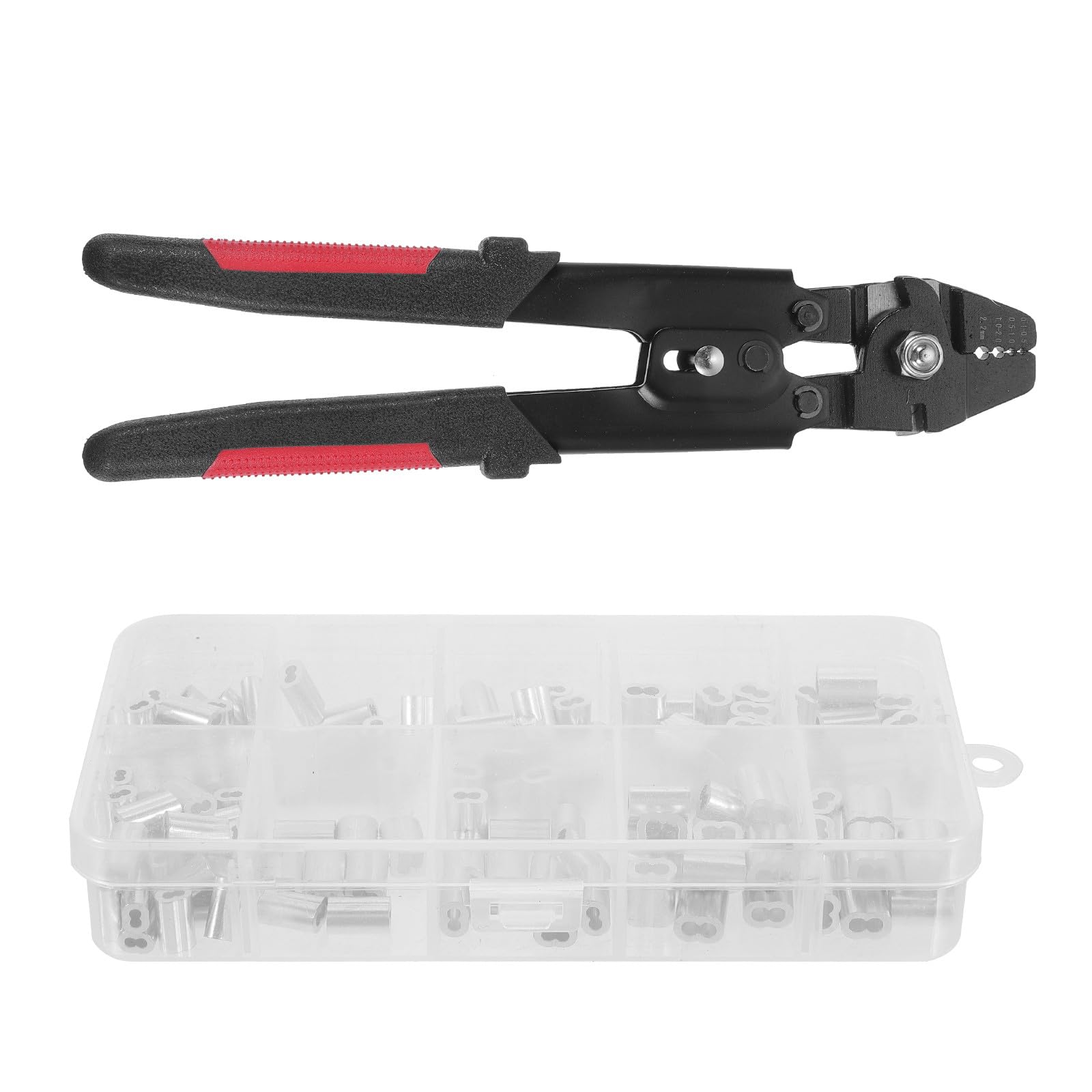 Lurrose Pince à Sertir en Acier Inoxydable Kit 150 Manchons Aluminium 8 Formes, Outil de Sertissage de Fils pour Pêche et Câbles, Poignée Antidérapante Portable pour Usage Extérieur,