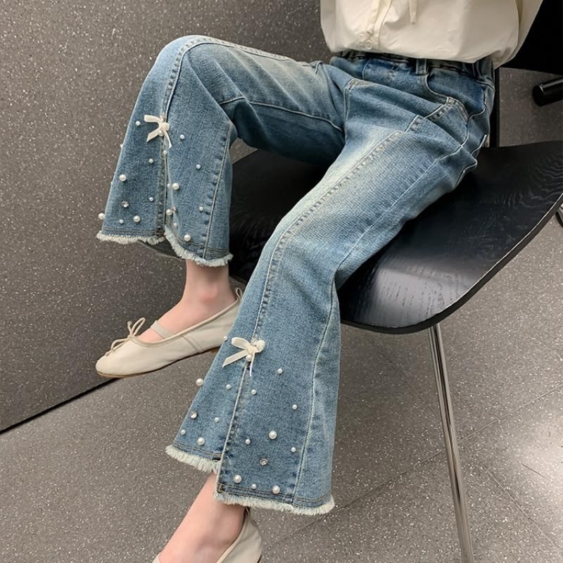 Girls Pearl Bow Knot Denim Jeans Soft Elastic Waist Bell Bottom Jeans Split Hem Flare Leg Pants3