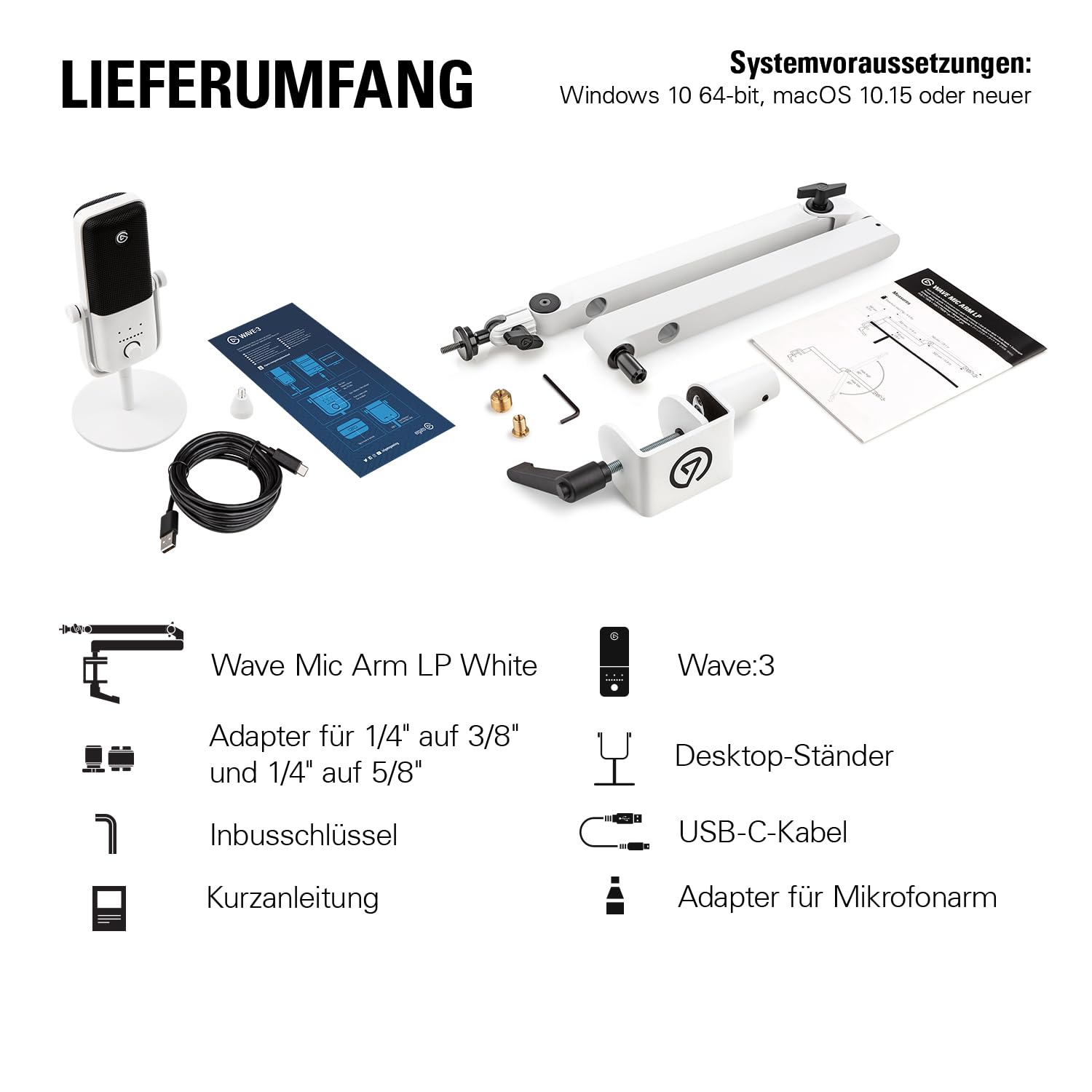 Elgato Wave:3 Mikrofon mit Mic Arm Low Profile, voll einstellbar mit Kabelkanal, ideal für Podcasts, Streaming, Gaming, Homeoffice, kostenlose Mixing-Software, Plug & Play für Mac, PC