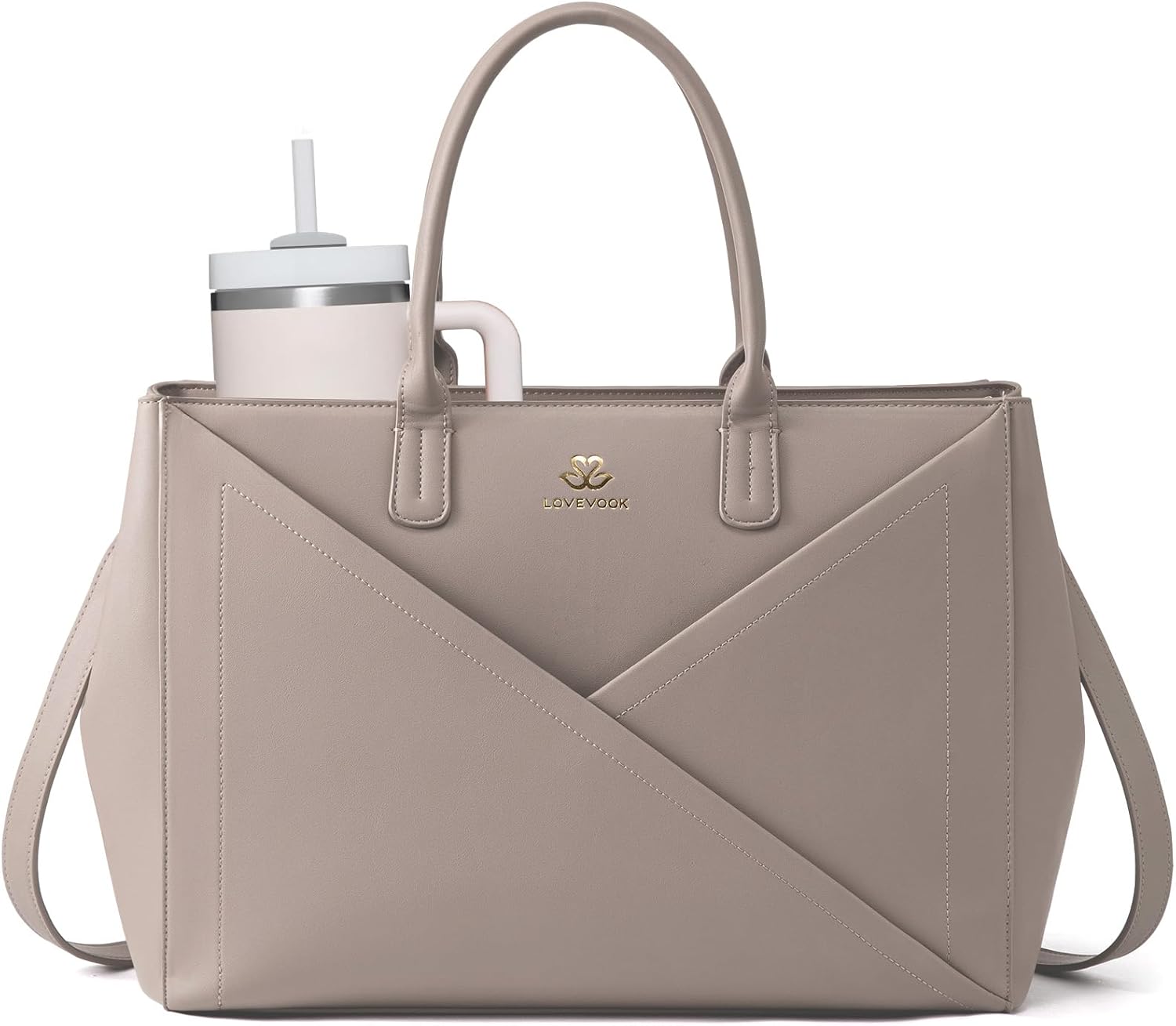 LOVEVOOK Laptop Tote Bag for Women with Large Cup Holder, 15.6 Inch PU Leather Work Bag Teacher Tote Bag, Waterproof Computer Bags Business Office Briefcase Handbag Taupe 15.6 inch